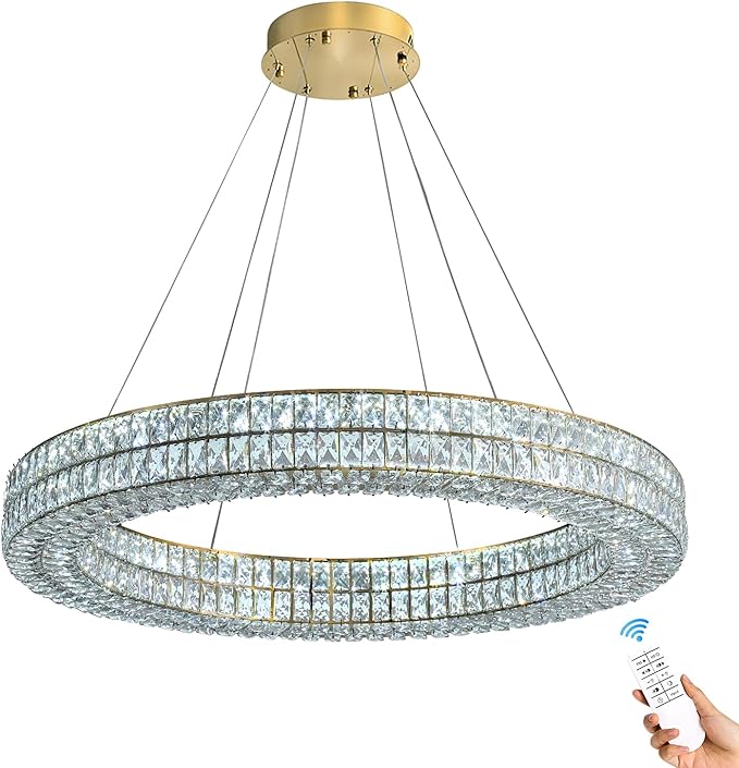47.5 inch Large Ring Chandelier Gold Ring Pendant Light Round Crystal Chandelier for Dining Room Living Room Led Dimmable 2700k-6000k