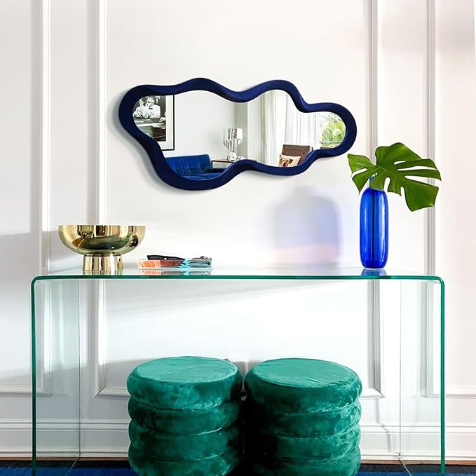Living Room Mirrors for Wall Decor, 13.8x29.7 Wall Mounted Cloud Mirror for Girl Teen Women Bedroom Decoration, Cute Hanging Wall Art for Coastal Beach Ocean Home Office (Dark Blue)