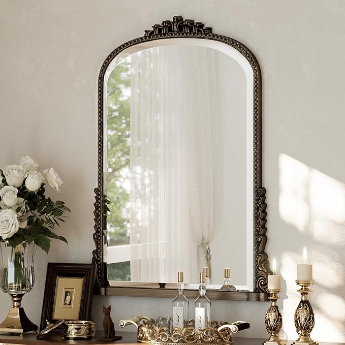 40x28 Beaded Arched Mirror, Bathroom Mirror for Over Sink, Metal Frame Wall Decor for Entryway, Bedroom, Living Room, Bronze