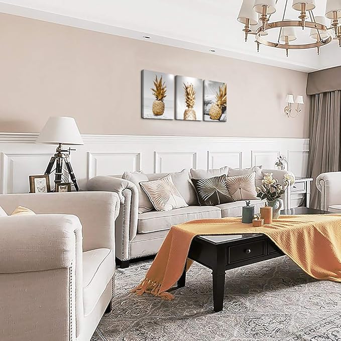 Canvas Wall Art For Bar Kitchen Living Room Office Bathroom Home Decoration Board Black And White Beach Scenery Golden Pineapple Pictures Artwork Restaurant Wall Decor Ready To Hang 12x16inch 3 Piece