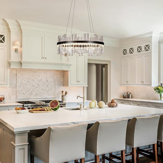 Black Modern Led Crystal Chandelier: 23.6" Round Contemporary 3 Color Dimmable Dining Room Light Fixture over Table - Adjustable Lighting Chandeliers for Bedroom Living Kitchen Island Entryway Foyer