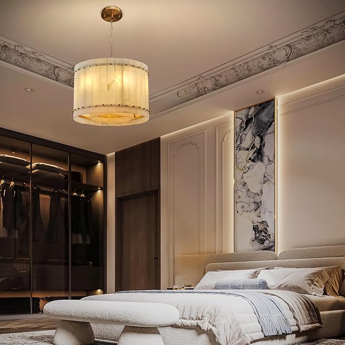 22.4" Round Alabaster Chandelier, Modern Dining Room Chandeliers with Adjust Height, 6-Light Marble Hanging Pendant Dining Light Fixture for Kitchen Island, Living Room, Bedroom, Foyer, Entryway