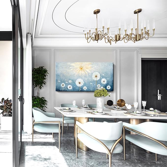 Nicetop Oversized Wall Art for Living Room – Extra Large Blue and White Floral Landscape Canvas Print, Botanical Wildflower Dandelion Picture, Nature Artwork for Big Bedroom Office Decor, 58x29 Inch