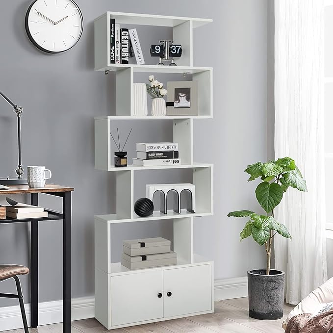 6-Tier Geometric Bookcase, 72” Freestanding Room Divider Bookshelf with Open Display Shelves & Multi-use Storage Cabinet, Wood S-Shaped Storage Organizer for Living Room, Bedroom & Home Office