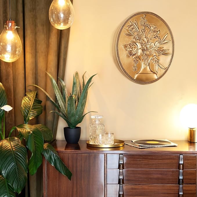 Yalikop 1 Pcs Vintage Wall Sculptures Gold Flower Wall Art Hand Painted Decoration Antique Ornate Statue Ornament Embossed Hanging Decor for Gallery Kitchen Bedroom Living Room