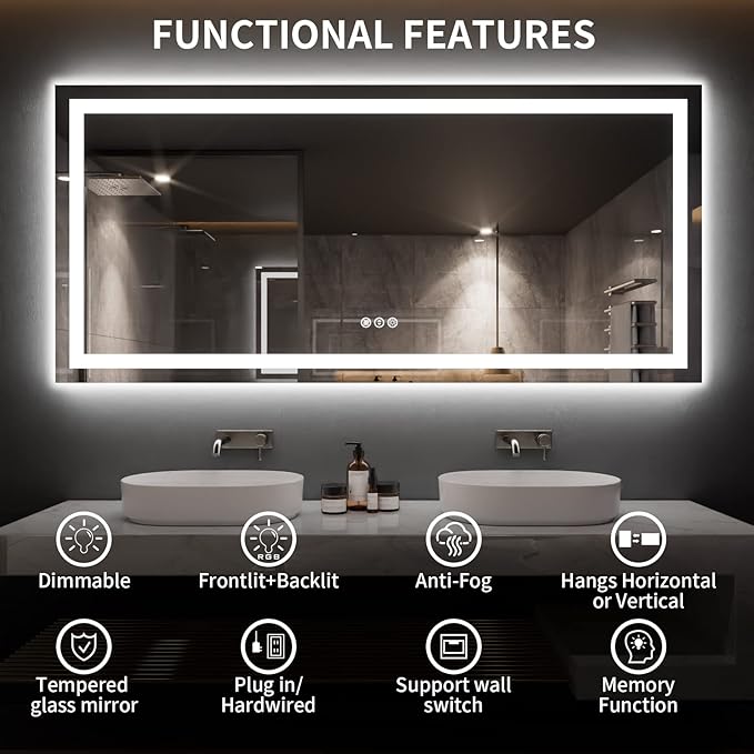 LOAAO 77X36 LED Bathroom Mirror with Lights, Anti-Fog, Dimmable, Backlit + Front Lit, Lighted Bathroom Vanity Mirror for Wall, Memory Function, Tempered Glass, ETL Listed