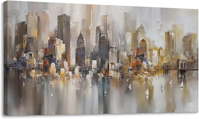 New York City Wall Art - Modern Abstract Wall Art for Living Room, Office & Bedroom Cityscape & Paintings for Bedroom brooklyn bridge Wall Art Pictures Wall Decor Chicago Artwork for Walls 29×58IN