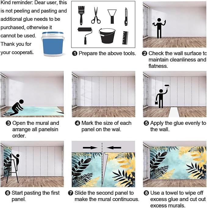 Black Gold Leaf Mural Wallpaper, Cartoon Palm Leaf Murals, 3D Tropical Plants Murals Wallpaper for Living Room Bedroom Tv Background Wall Home Decor Mural (Not Peel Stick)