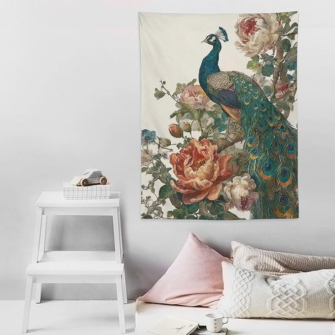 UUKXKUU Peacock Oriental Retro Blooming Flowers Tree Tapestry Flag Backdrop Wall Hanging Large Wall Art Decor for Dorm Office Bedroom Living Room 30"×40"