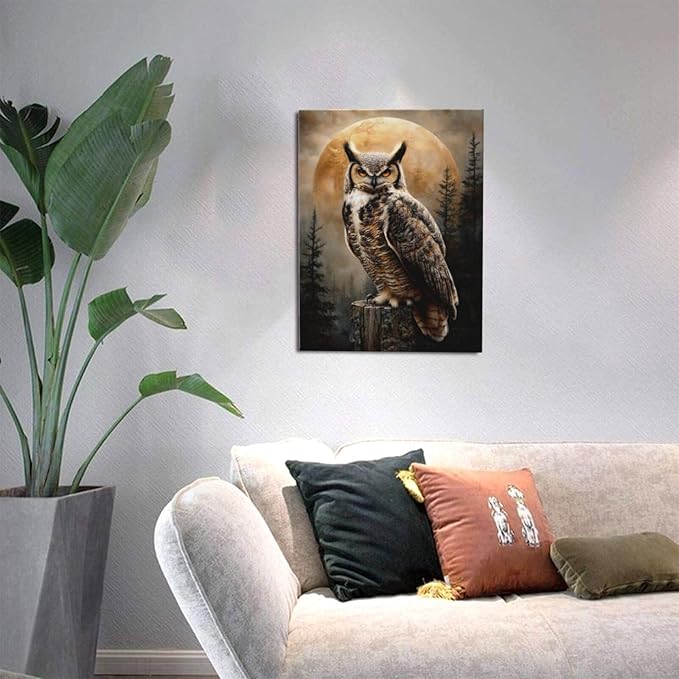 Cabin Owl Wall Art Moon and Forest Canvas Wall Decor Rustic Animal Pictures Paintings Prints Mystical Wildlife Artwork Framed Decorations For Bathroom Bedroom Living Room Office Gifts 12" x 16"