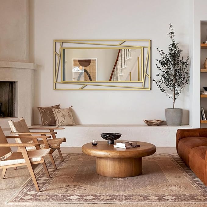 Brushed Gold Vanity Mirror for Bathroom 45" x 30" Brushed Brass Rectangle Beveled Framed Bathroom Wall Mirror for Over Sink, Tempered Glass, Modern Farmhouse Bedroom, Entryway, Living Room