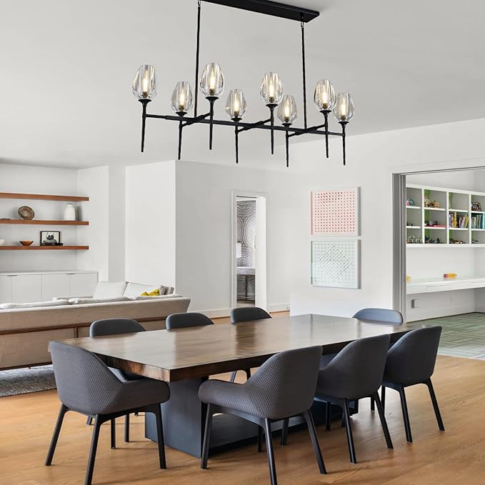 Modern Crystal Large Chandeliers 8 Lights Black, 52in Black Rectangle Tulip K9 Crystal Chandelier, Pendant Ceiling Light for Dining Living Room Bedroom Entryway over Table, E12 Bulbs Included