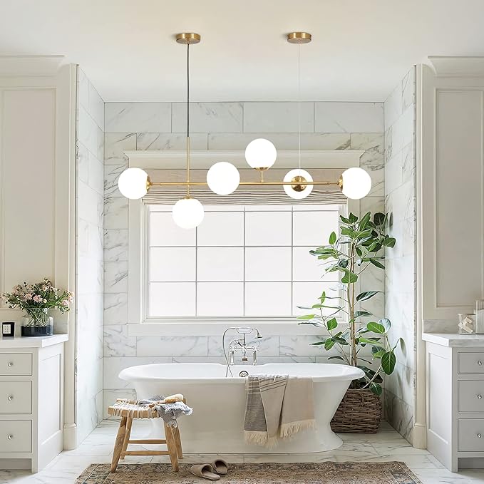 KCO Lighting Modern Globe Linear Chandelier 6 Light Milk Glass Chandeliers White and Gold Pendant Light Fixture Mid Century Rectangle Chandelier Brass Sputnik Island Lights for Kitchen