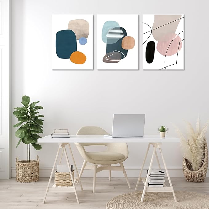 ouiytws Abstract Wall Art Set of 3 – Mid Century Modern Geometric Canvas Prints, Minimalist Teal Orange Beige Artwork for Living Room, Bedroom, Office, Bathroom Wall Décor,Frame 12x16in