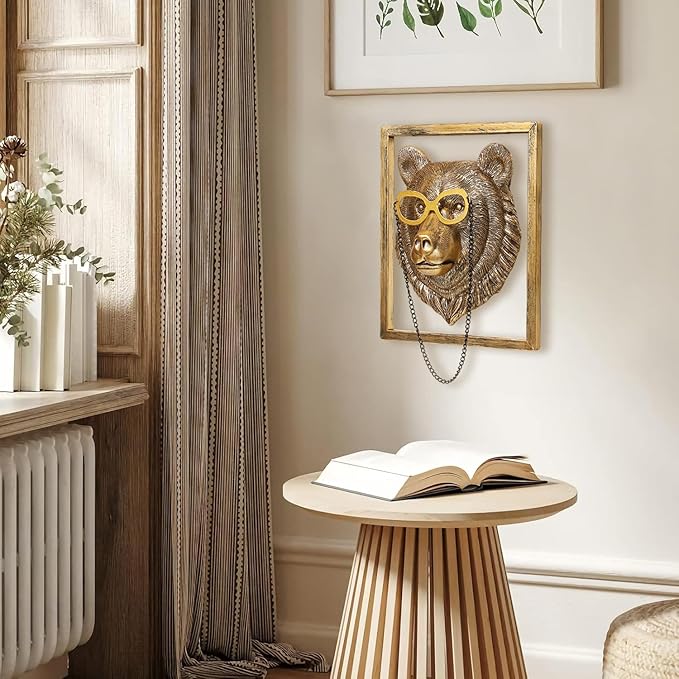 Newinhome Animal Heads Wall Decor (Includes Metal Frame) Resin Animals Sculptures Head Wall Hanging Decoration Gold vintage Wall Sculpture for Living Room Bedroom Office(Bear)