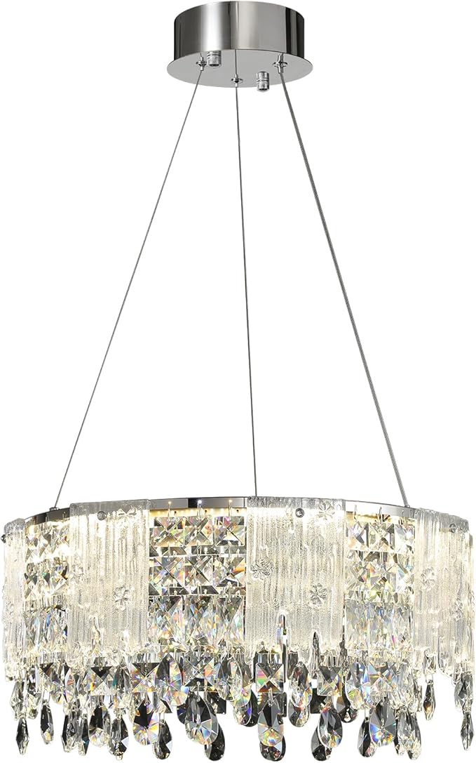 Modern Crystal Chandelier with Glass Panels, Dimmable LED Ceiling Light with Remote Control,Modern 20'' Round Chandeliers Lights Fixtures for Living Room, Dining Room, Bedroom