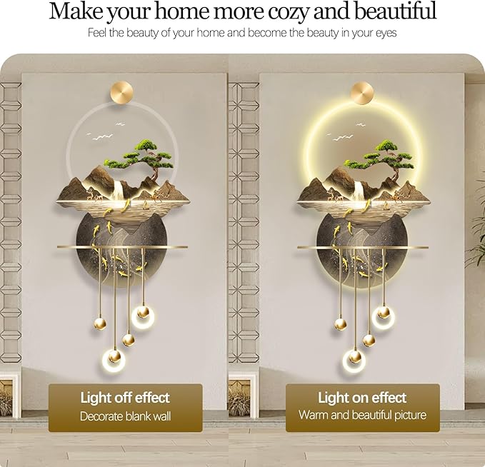 23.64x53.54IN 3D Wall Sculptures Hanging with Led Light Modern Art Deco Lighting Wall Art Decorations Lamp Wall Art Decor with Metal Ball Pendant for Friends(Yellow 2)