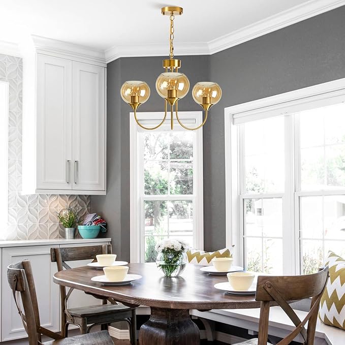 Mid Century Modern Globe Chandelier 3 Light Amber Glass Vintage Sputnik Chandeliers Gold Pendant Light Fixtures for Dining Room Kitchen Living Room Bedroom