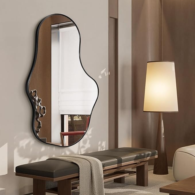 Mirror Full Length - Wall Mirrors Decorative 26"x 43" Asymmetrical Abstract Aviation Aluminum Alloy Frame Unique for Bathroom, Bedroom, Living Room, Cloakroom, Entryway Black
