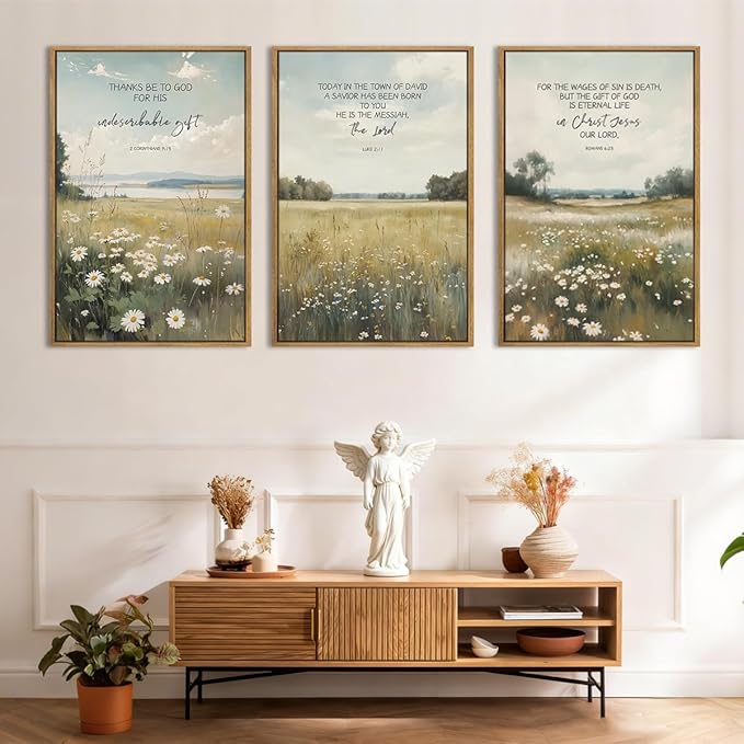 Anyzal Christian Jesus Wall Art Large Bible Artwork Scripture Wildflower Wall Decor for Living Room Bedroom Dining Room 24x36 Inch Set of 3