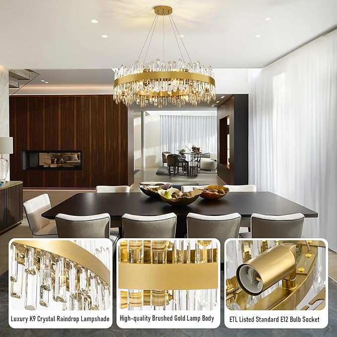 Modern Crystal Chandelier, 16-Lights Round Chandelier for Dining Room 2 Tiers, 32'' Gold Adjustable Raindrop Chandeliers for Bedroom, Dining Chandeliers Over Table for Living Room, Bathroom