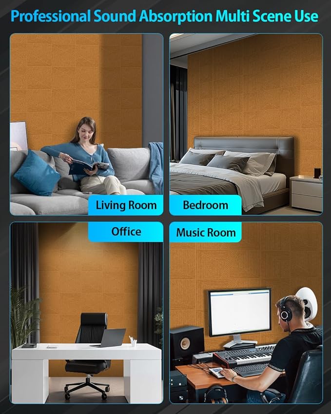 12 Pack Acoustic Wall Panels Self-Adhesive, 12" X 12" X 0.5" Decorative Acoustic Panels, Soundproof Wall Panels for Studio, Home & Living Room, Polyester - Slash Sunset Orange