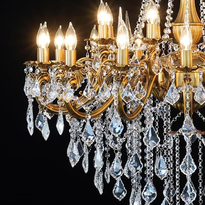 Antique Crystal Chandelier Gold Bronze Candle Pendant Ceiling Light Fixture with K9 Crystals for Hotel, Grand Entryway Living Room Antique Brass Finish (39"-24 Lights)