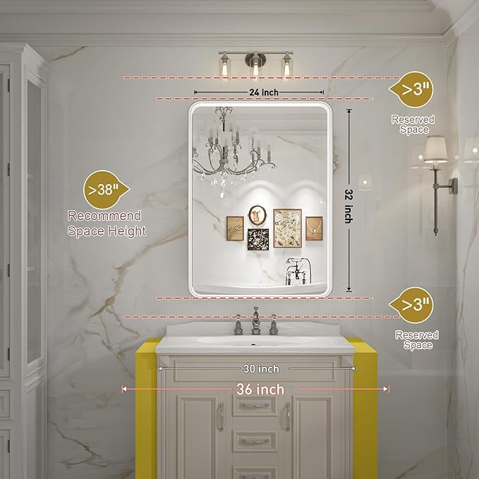 LED Bathroom Mirror with Lights,24x32 Inch Brushed Silver Framed Lighted Vanity Mirror,Anti Fog Stepless Dimmable Wall Mounted(Horizontal/Vertical)