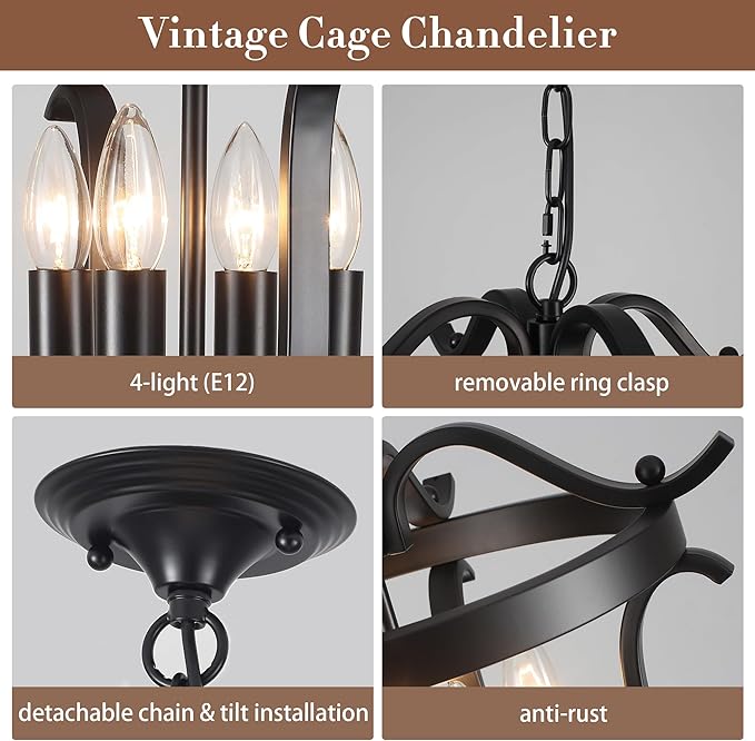 Black Chandelier Farmhouse Cage Pendant Light E12 4 Light Ceiling Light Fixtures Vintage Chandeliers for Dining Room Kitchen Entryway Hallway Foyer
