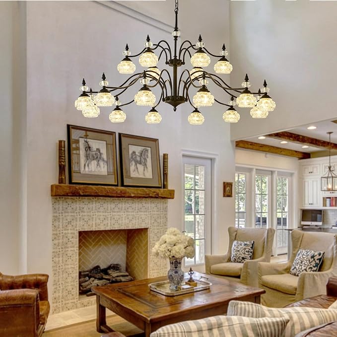 49 Inch 2 Tier Vintage Black Chandelier for Dining Room, 18-Light Antique Pendant Light Crystal Glass Shade, Modern Farmhouse Chandeliers for Foyer, High Ceiling, Hallway