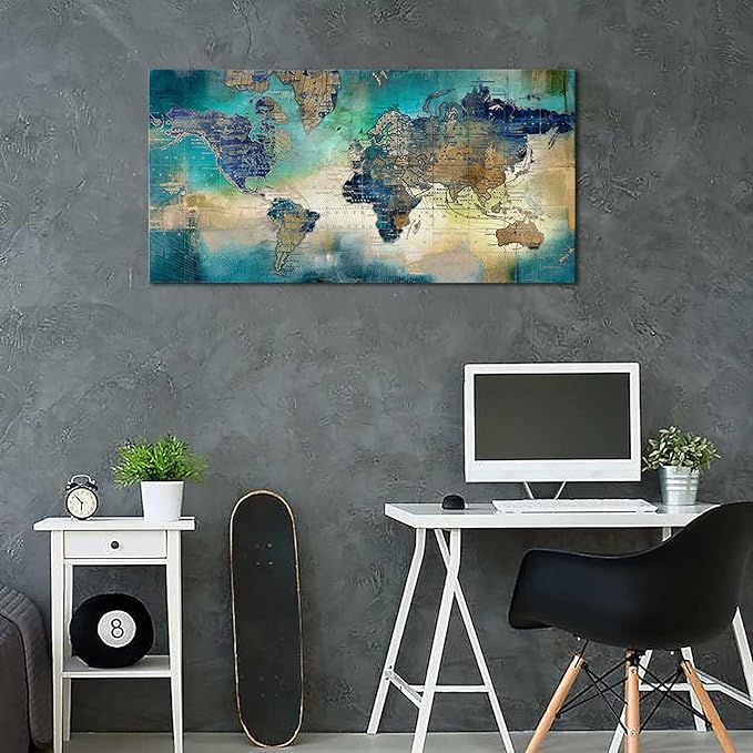 Large World Map Canvas Prints Wall Art for Living Room Office 30x60 Green World Map Picture Artwork Decor for Home Decoration