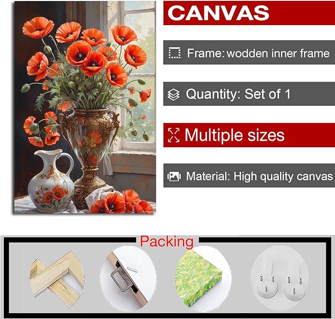 Vibrant orange poppy flowers canvas painting Gold vase White ceramic jug Intricate floral pattern Sunlit window Peeling paint Realistic brushstrokes Rich color palette Botanical wall art decor