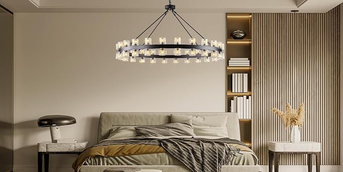 48 Inch Black Wagon Wheel Chandelier with Crystal Shade, Crystal Chandelier, Modern Farmhouse Style, Ideal for Dining Room, Kitchen, Entryways,48 Lights (Bulbs Included)