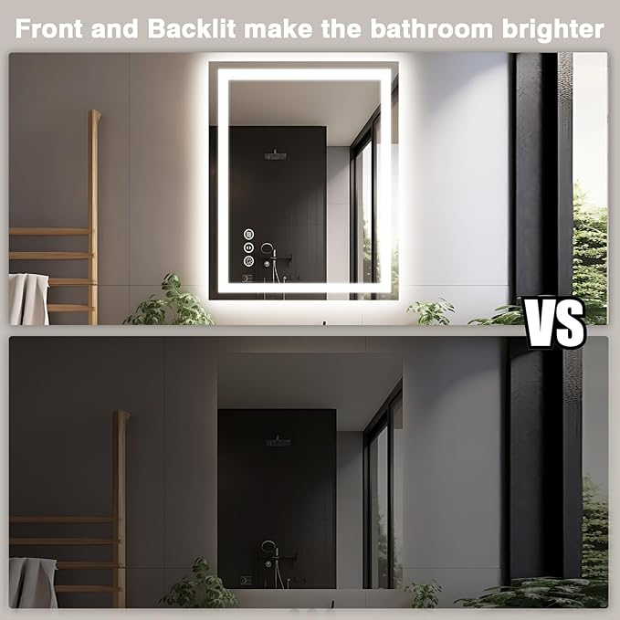 28"x36" LED Bathroom Mirror for Wall, Front and Backlit, Anti-Fog Vanity With Lights, Stepless Dimmable, 3 Colors Smart (Horizontal/Vertical)