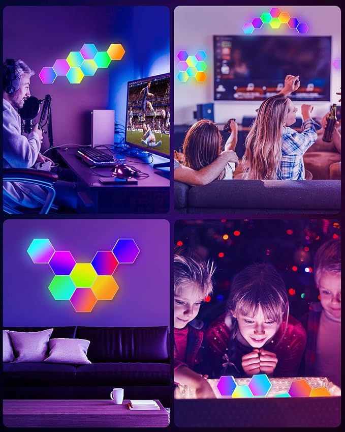 8 Pack Hexagon Led Lights Wall Panels: RGB Gaming Lights with APP Smart Modular Panel Hex Tiles Push Glide Expansion Shapes Lights