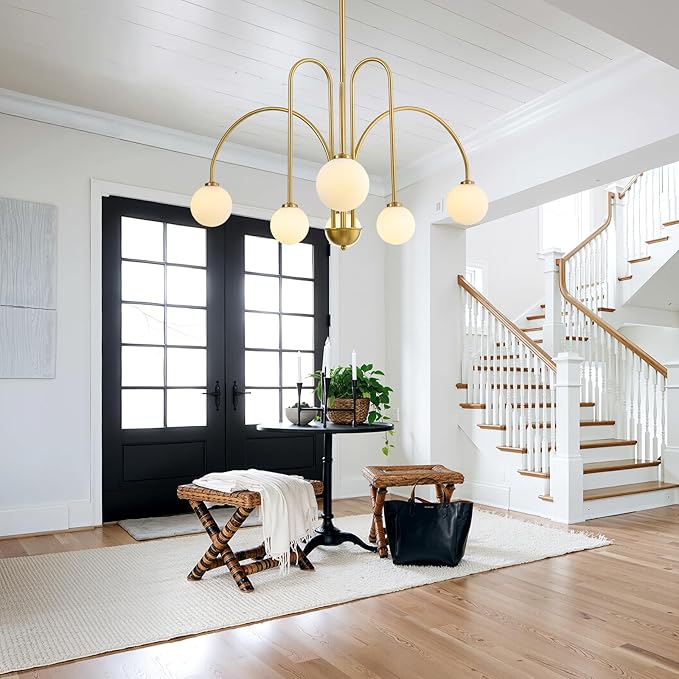 Mid Century Modern Sputnik Chandelier: 6-Light Globe Gold Chandeliers for Living Room - 40" White Glass Ball Dining Room Light Fixture - Large Pendant Lights for Kitchen High Ceiling Foyer Entryway