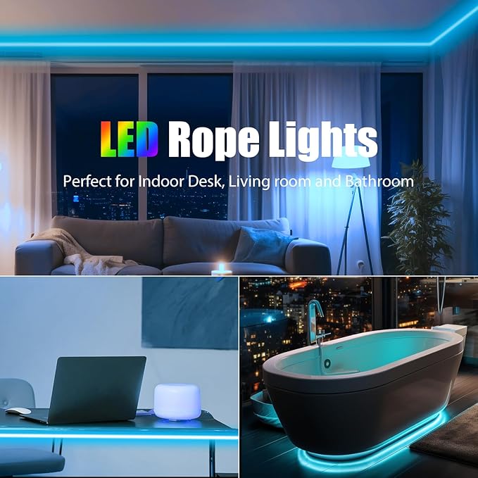 65.6ft RGB Led Rope Lights Commerial Grade Waterproof RGB Led Strip Lights with Remote, 110V 120V Plug-in Neon Strip Lights with Dimmable Power Adapter for Outdoor,Indoor Using