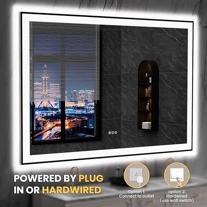 LOAAO 60"X40" LED Bathroom Mirror Black Framed, Anti-Fog, Dimmable, Lighted Bathroom Vanity Mirror for Wall, Memory Function, Tempered Glass