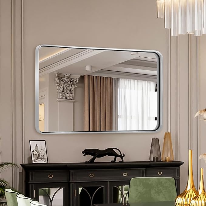 ANDY STAR 48”X30” Chrome Bathroom Mirrors, Polished Chrome Vanity Mirror, Rounded Rectangle Mirror for Wall, SUS304 Anti-Rust Tube Metal Frame, Wall Mounted Horizontal/Vertical 1’’ Deep