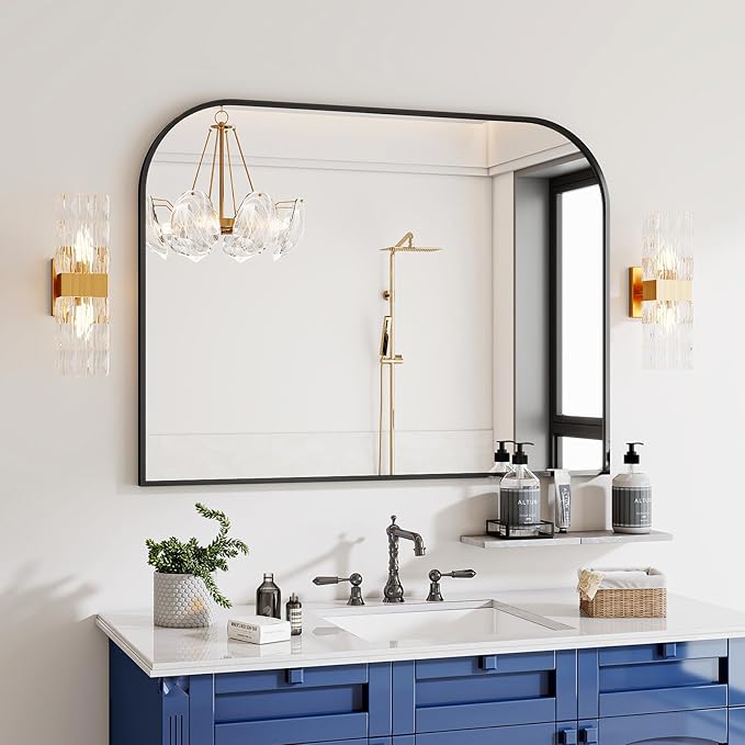 Black Wall Mounted Bathroom Mirror - 38 x 30 Inch Round Cruved Top Right Angle Bottom Wide Wall Mirror, Aluminum Metal Framed, Decor for Living Room, Bedroom, Fireplace, Mantle, Entryway