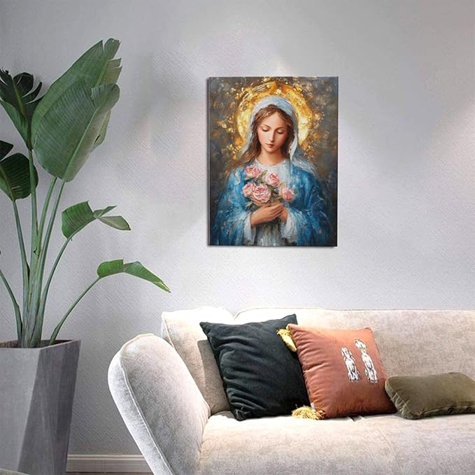 Christian Mary Wall Art Mary Mother Of God Canvas Wall Decor Catholic Blessed Mother with Roses Pictures Christ Paintings Prints Religious Bible Artwork Framed Decorations For Church Prayer Room Chapel Bathroom Bedroom Living Room Gifts 12" x 16"