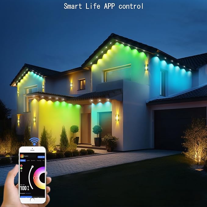 Outdoor Christmas Lights - 50ft Smart RGB+IC Color Eaves Lights with 63 Scene, IP67 Waterproof, Alexa & Google Assistant Voice Control