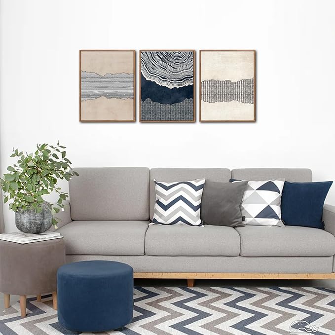 LHIUEM Coastal Chic Decor Blue Abstract Shapes Framed Canvas Wall Art Set of 3(12”X16”)Modern Tree Rings Wall Decoration Fireplace Grey Blue Decor Navy Blue Beige Brown Canvas Wall Art for Home Office