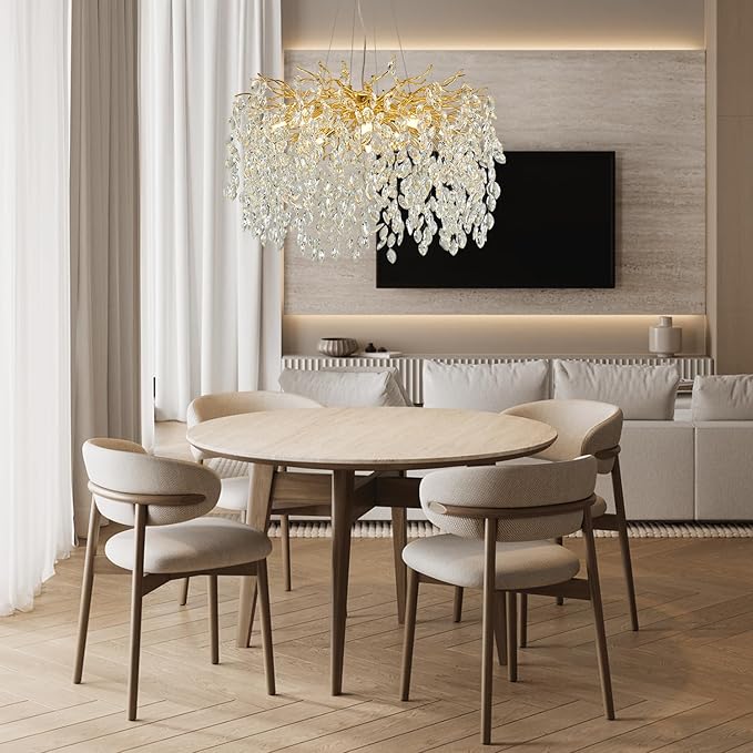 Modern Crystal Chandelier, 23.6" Luxury Gold Tree Branch Chandelier 6-Light Raindrop Chandeliers Modern Chandeliers for Dining Room Kitchen Bedroom Living Room High Ceiling, Branch & Height Adjustable