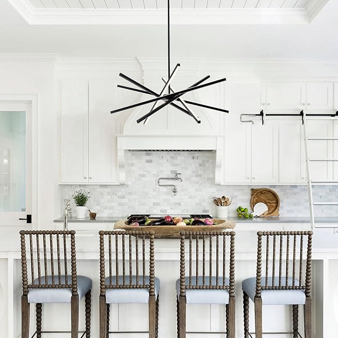 Modern Black Chandelier Light Fixtures - LED 6-Lights Dining Room Linear Chandeliers Sputnik Pendant Lights Fixture Over Table 3000K 4500K 6000K Dimmable for Kitchen Island Living Room