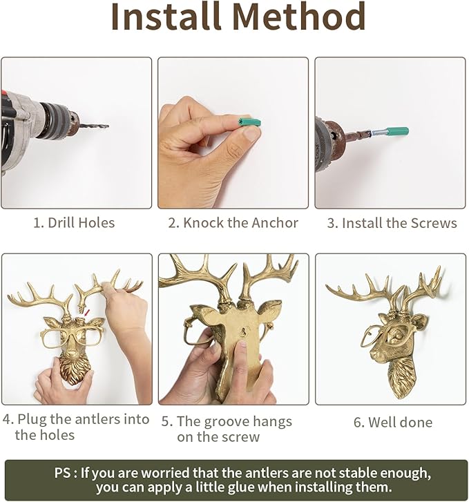 HUYIENO 4PK Animal Head Wall Decor with Metal Frame Flower Vase Gold Handcrafted Hanging Home Decor Sculptures for Living Room Bedroom