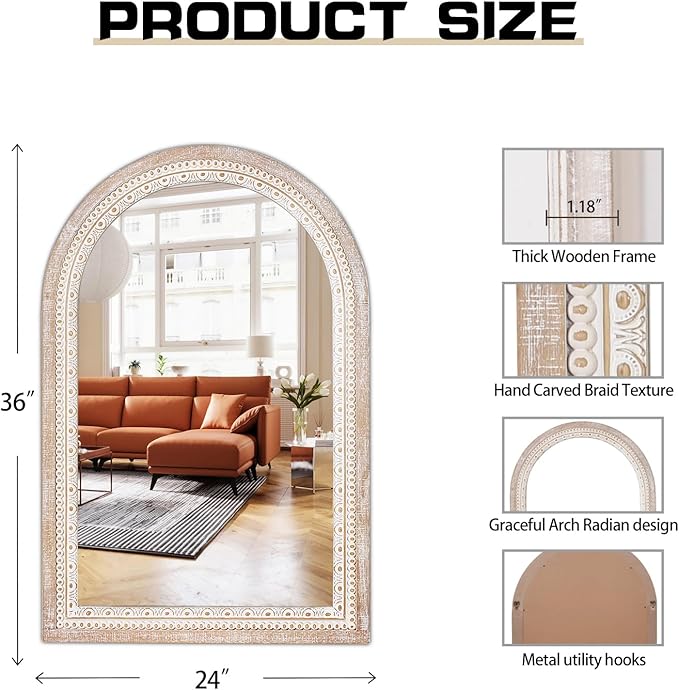 36x24'' Farmhouse Arched Decorative Wall Mirror, Farmhouse Wooden Mirrors with Beaded for Living Room, Hallway, Bathroom, Entryway - Vertical/Horizontal