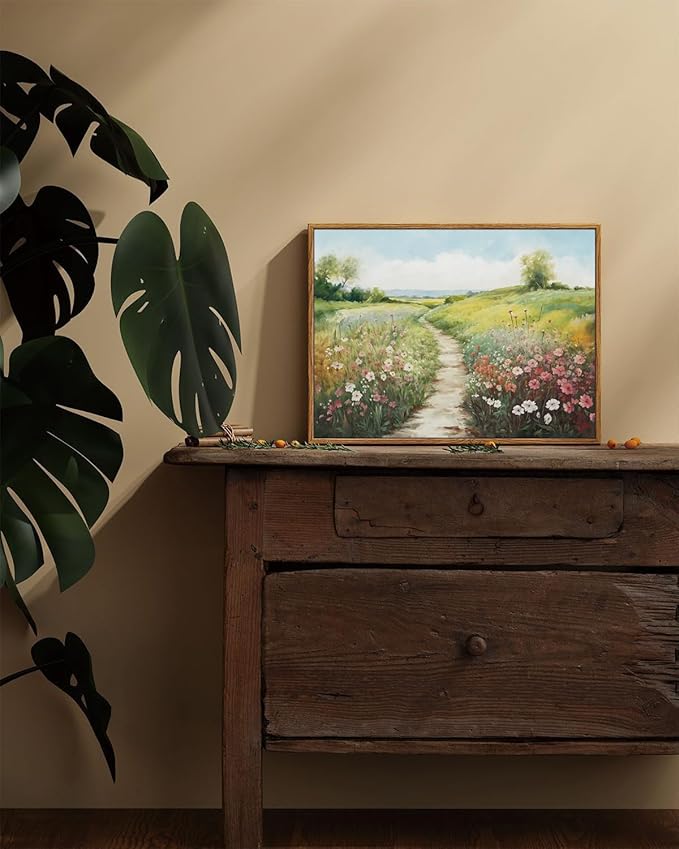 KISSFOX Vintage Framed Wall Art Decor Modern Farmhouse Spring Landscape Pictures Paintings Wall Decor Rustic Wildflower Canvas Art Prints Nature Countryside Artwork For Bedroom Kitchen Living Room