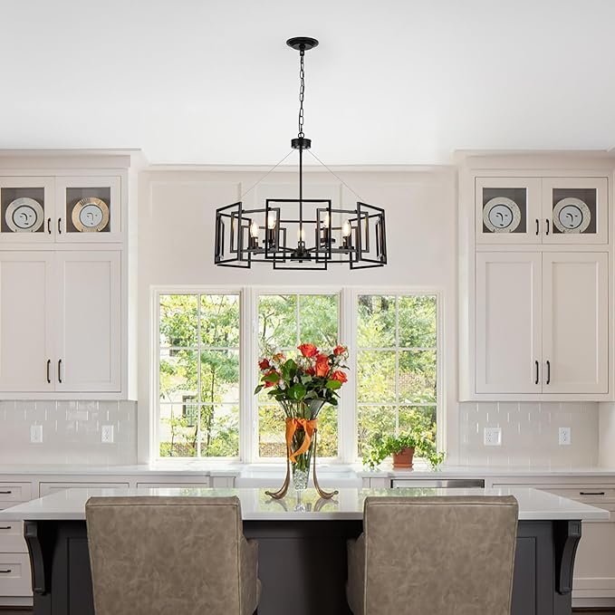 5-Light Black Geometric Chandelier,Height Adjustable Industrial Chandelier for Dining Room,Modern Farmhouse Chandelier Light Fixture over Table,for Bedroom,Living Room,Entryway,Bulbs Not Included