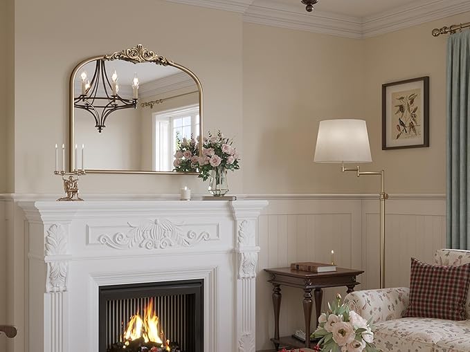 Arched Antique Gold Mirror, 36"x30" Gold Traditional Vintage Ornate Mirror, Wide Brass Vanity Mirrors for Over Sink/Bathroom/Fireplace/Entryway